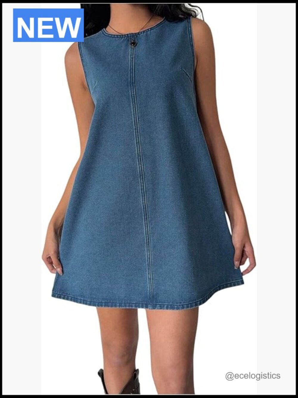 Women's Bow Tie Back Denim Sundress Crew Neck Sleeveless Flared Short
